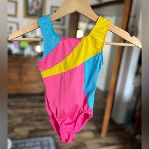 More’t Active Girl retro style leotard- shimmer pink, yellow, and blue